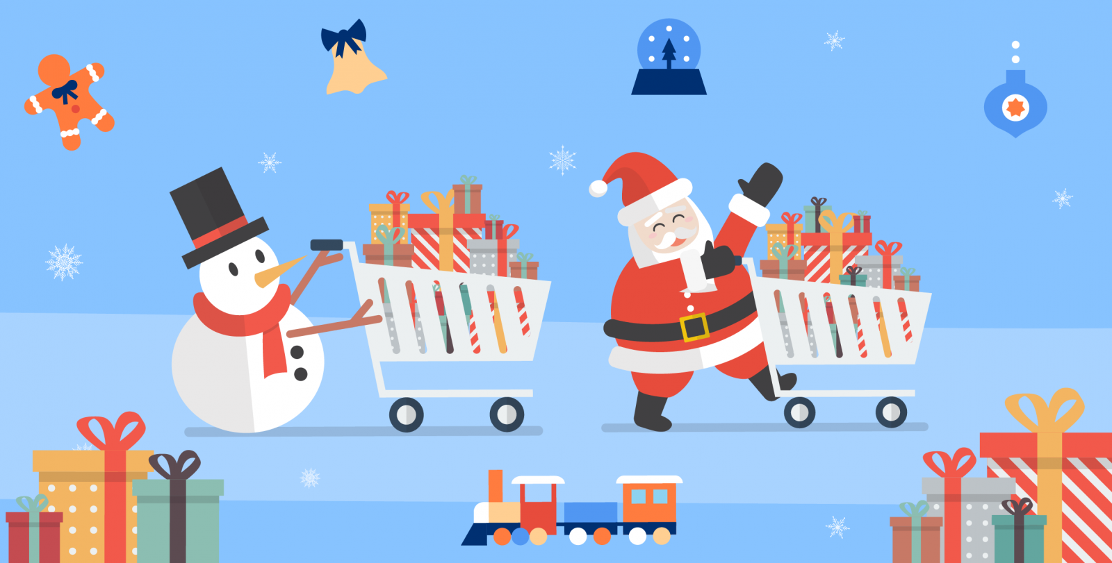 Santa and a snowman push shopping carts full of colorful gifts